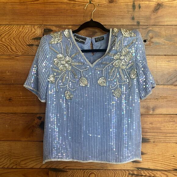 Vintage Jewel Queen Periwinkle Silk Sequin Blouse Size Small NWT - Picture 1 of 7